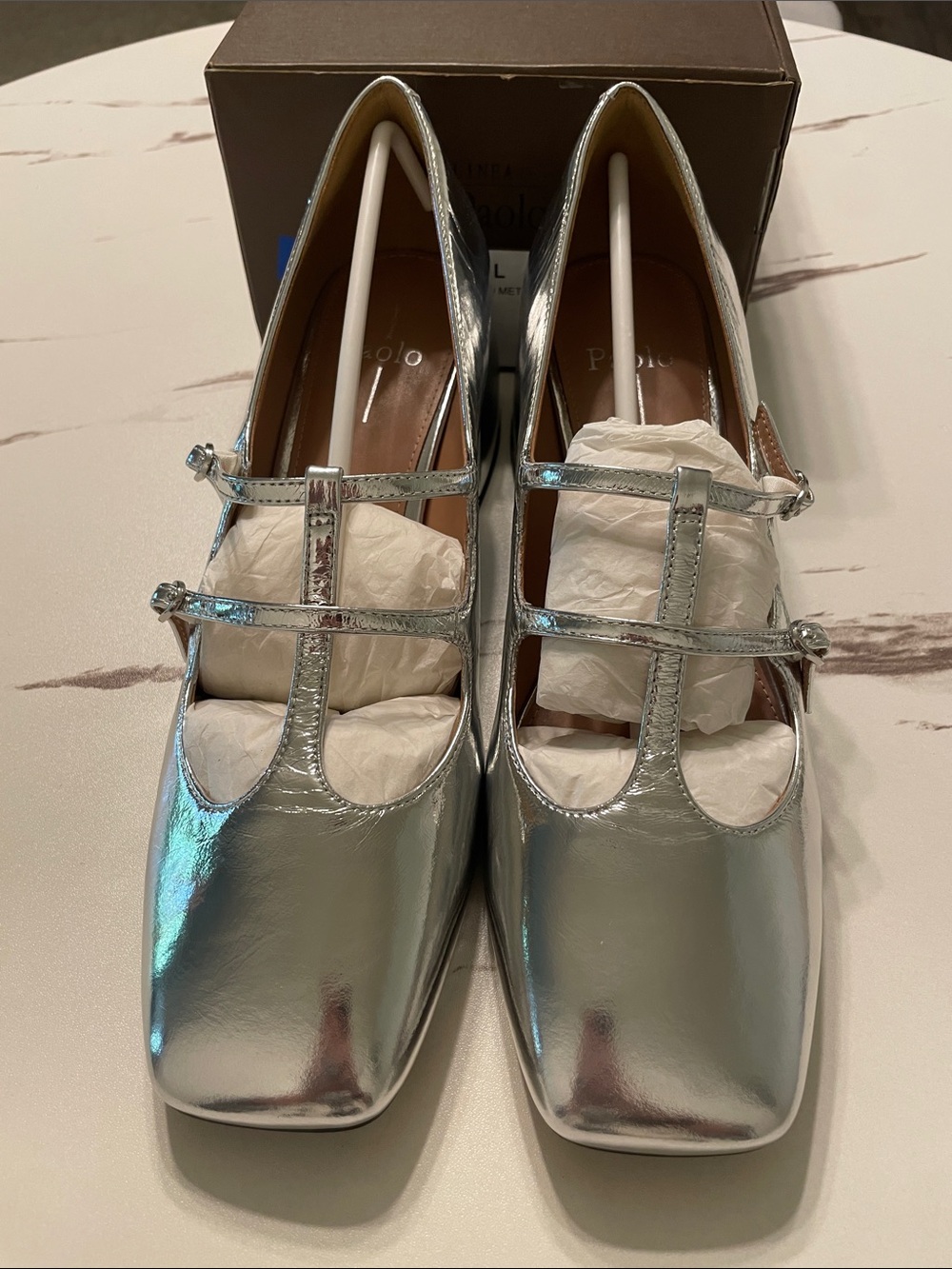 PAOLO Maurice Leather and Metallic Silver T-Strap Low Heel New In Box Sz 11M